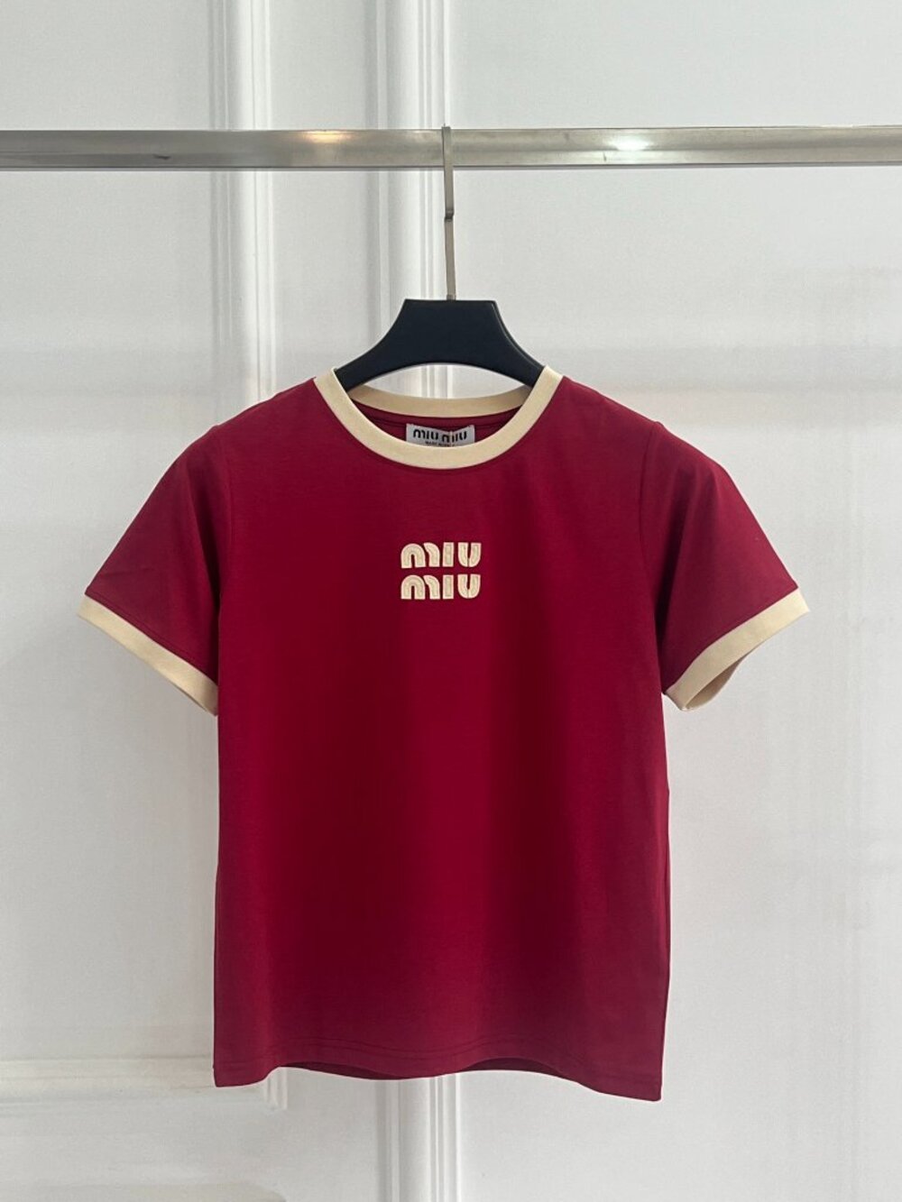 Miu Miu Women's Cotton Knit T-Shirt — Embroidered Logo, Crew Neck, Straight Cut,